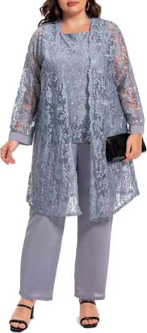 Plus Size Elegant Mother of The Bride Pant Suits Chiffon Pant with Women's Tank Top and Sequin Lace Jacket Evening Gown