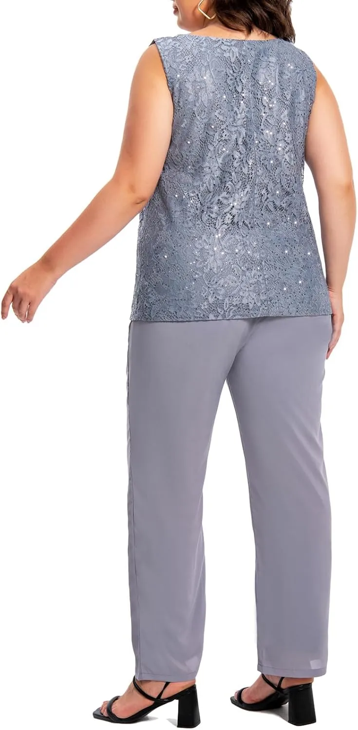 Plus Size Elegant Mother of The Bride Pant Suits Chiffon Pant with Women's Tank Top and Sequin Lace Jacket Evening Gown