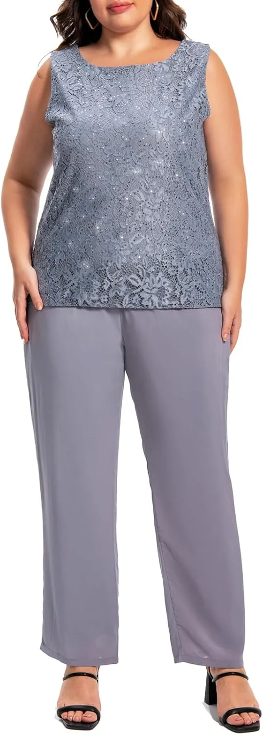 Plus Size Elegant Mother of The Bride Pant Suits Chiffon Pant with Women's Tank Top and Sequin Lace Jacket Evening Gown