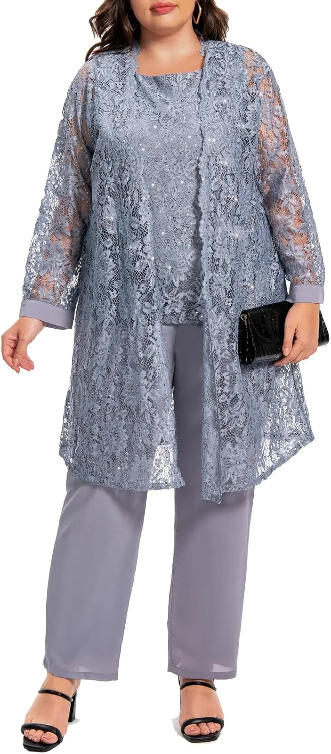 Plus Size Elegant Mother of The Bride Pant Suits Chiffon Pant with Women's Tank Top and Sequin Lace Jacket Evening Gown