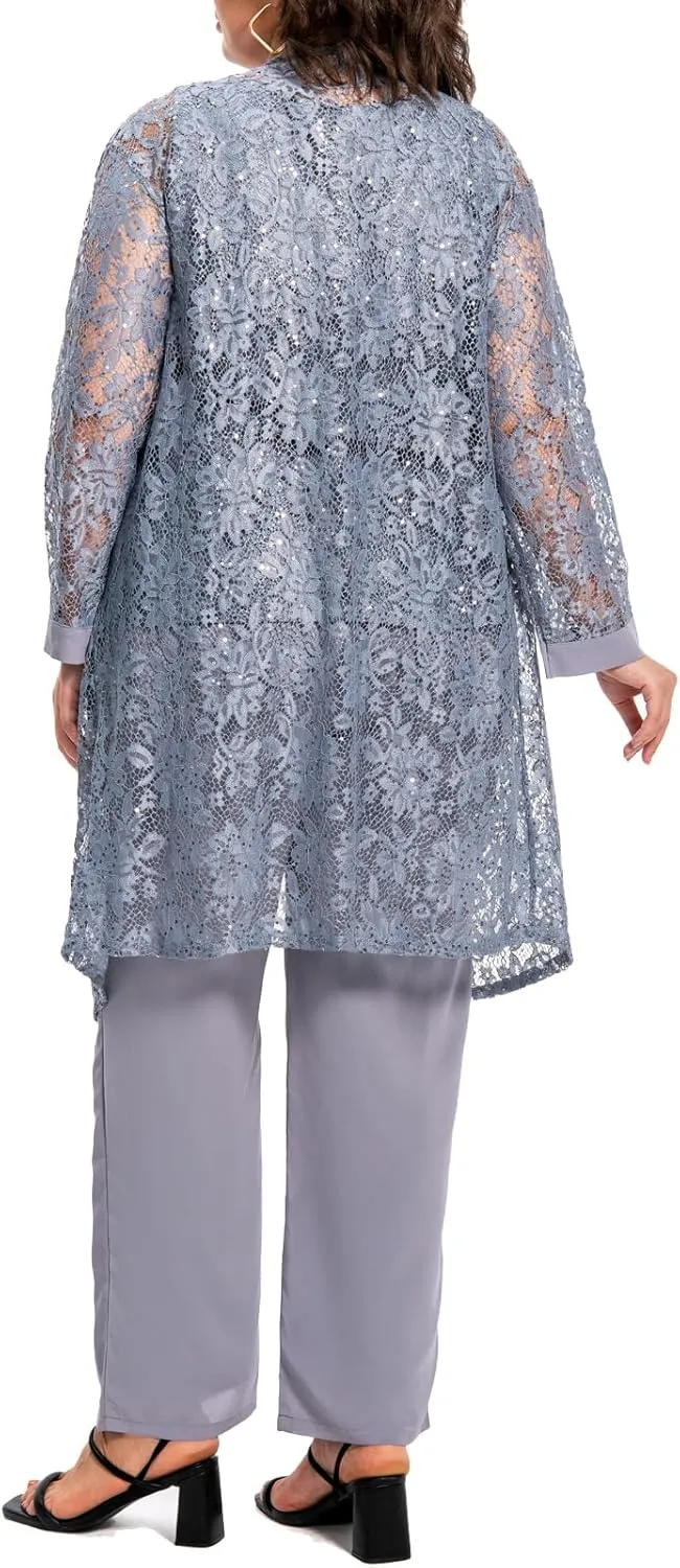 Plus Size Elegant Mother of The Bride Pant Suits Chiffon Pant with Women's Tank Top and Sequin Lace Jacket Evening Gown