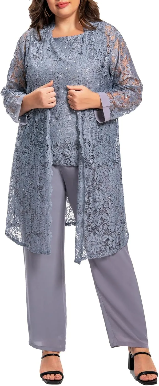 Plus Size Elegant Mother of The Bride Pant Suits Chiffon Pant with Women's Tank Top and Sequin Lace Jacket Evening Gown