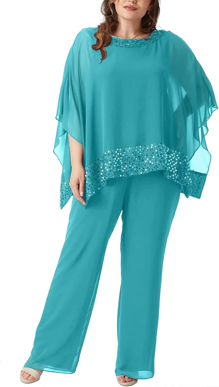 Plus Size Mother of Bride Pant Suits 3 Piece Chiffon Sets Sequins Wedding Guest Outfit