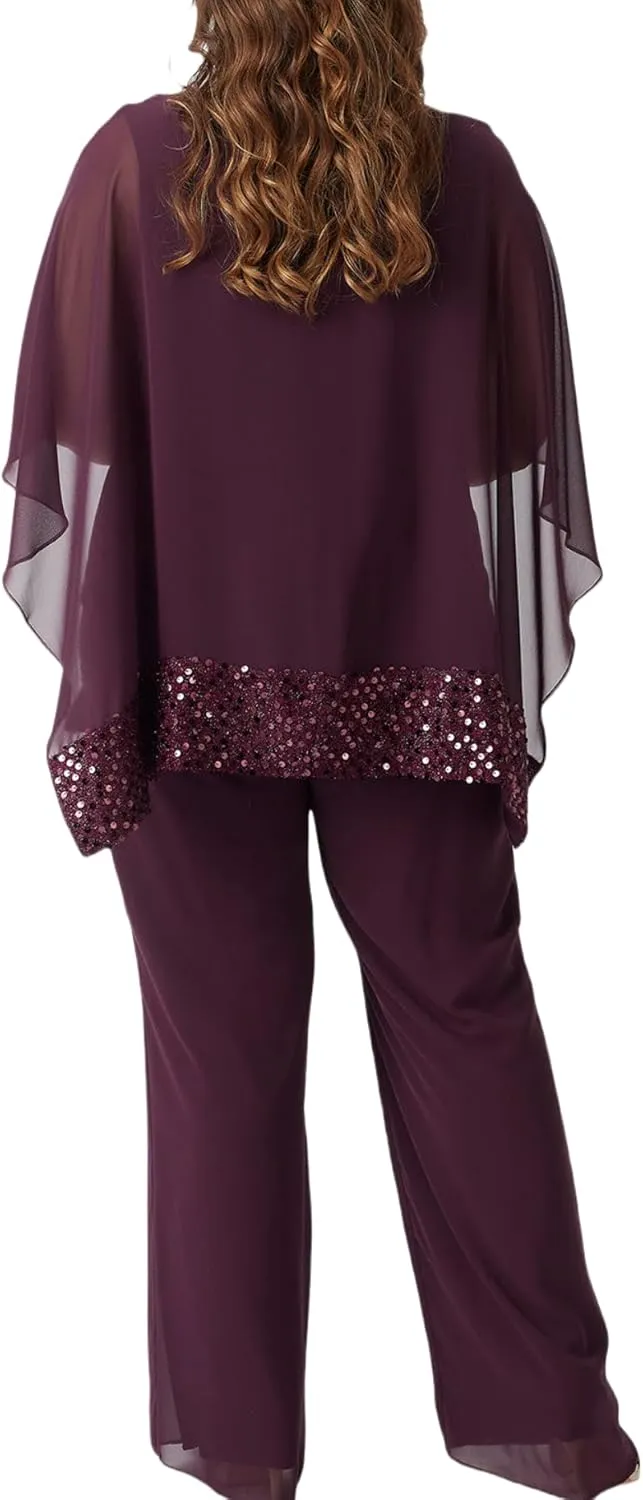 Plus Size Mother of Bride Pant Suits 3 Piece Chiffon Sets Sequins Wedding Guest Outfit