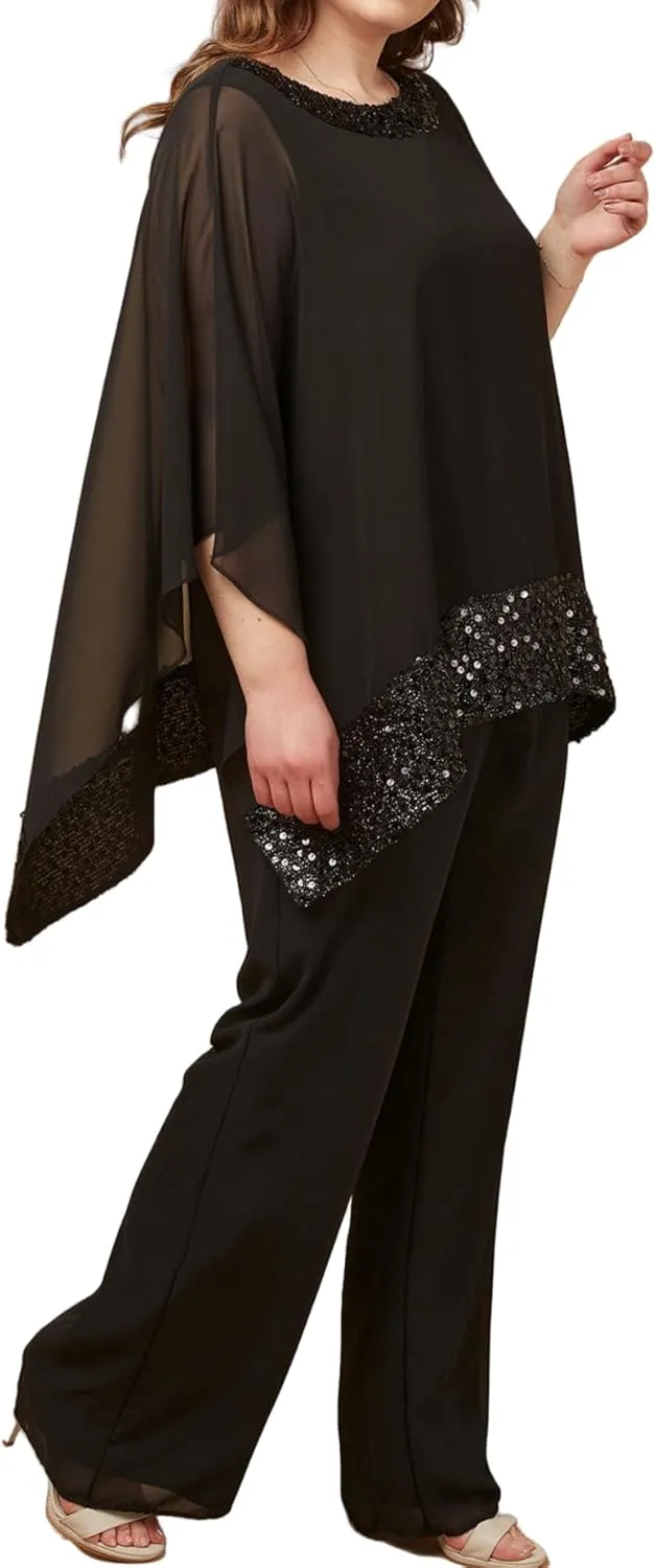 Plus Size Mother of Bride Pant Suits 3 Piece Chiffon Sets Sequins Wedding Guest Outfit