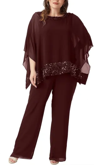Plus Size Mother of Bride Pant Suits 3 Piece Chiffon Sets Sequins Wedding Guest Outfit