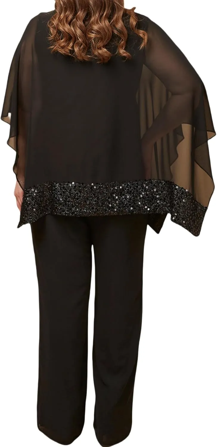 Plus Size Mother of Bride Pant Suits 3 Piece Chiffon Sets Sequins Wedding Guest Outfit