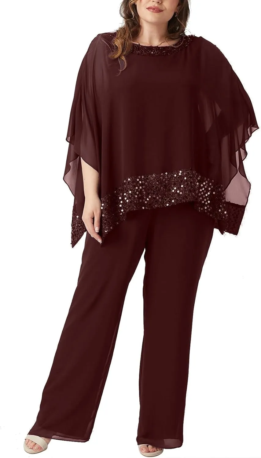 Plus Size Mother of Bride Pant Suits 3 Piece Chiffon Sets Sequins Wedding Guest Outfit