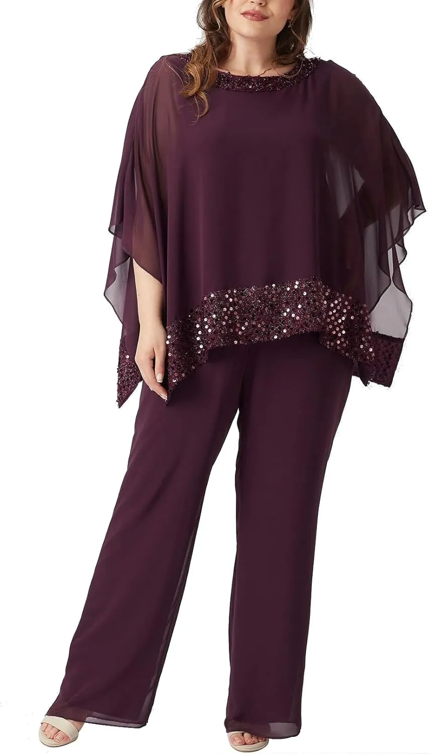 Plus Size Mother of Bride Pant Suits 3 Piece Chiffon Sets Sequins Wedding Guest Outfit