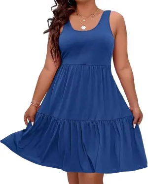Plus Size Summer Dresses,Sleeveless Midi A Line Tiered Dress for Beach Vacation