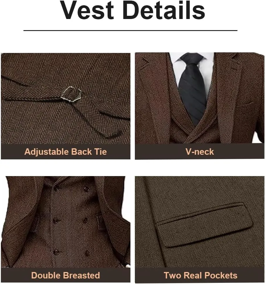 ProPoFol Boys Tweed Herringbone Suits Slim Fit Suits for Boys Tuxedo Jacket Vest Pants Set Formal Wedding Homecoming