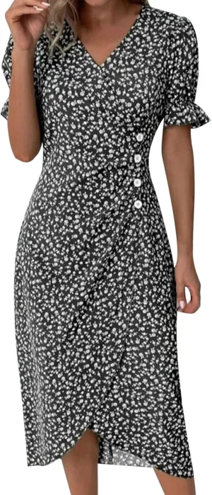 PTOLOCIF Women's Button V Neck Bubble Sleeve Irregular Hem Dress Plus Size T Shirt Dress