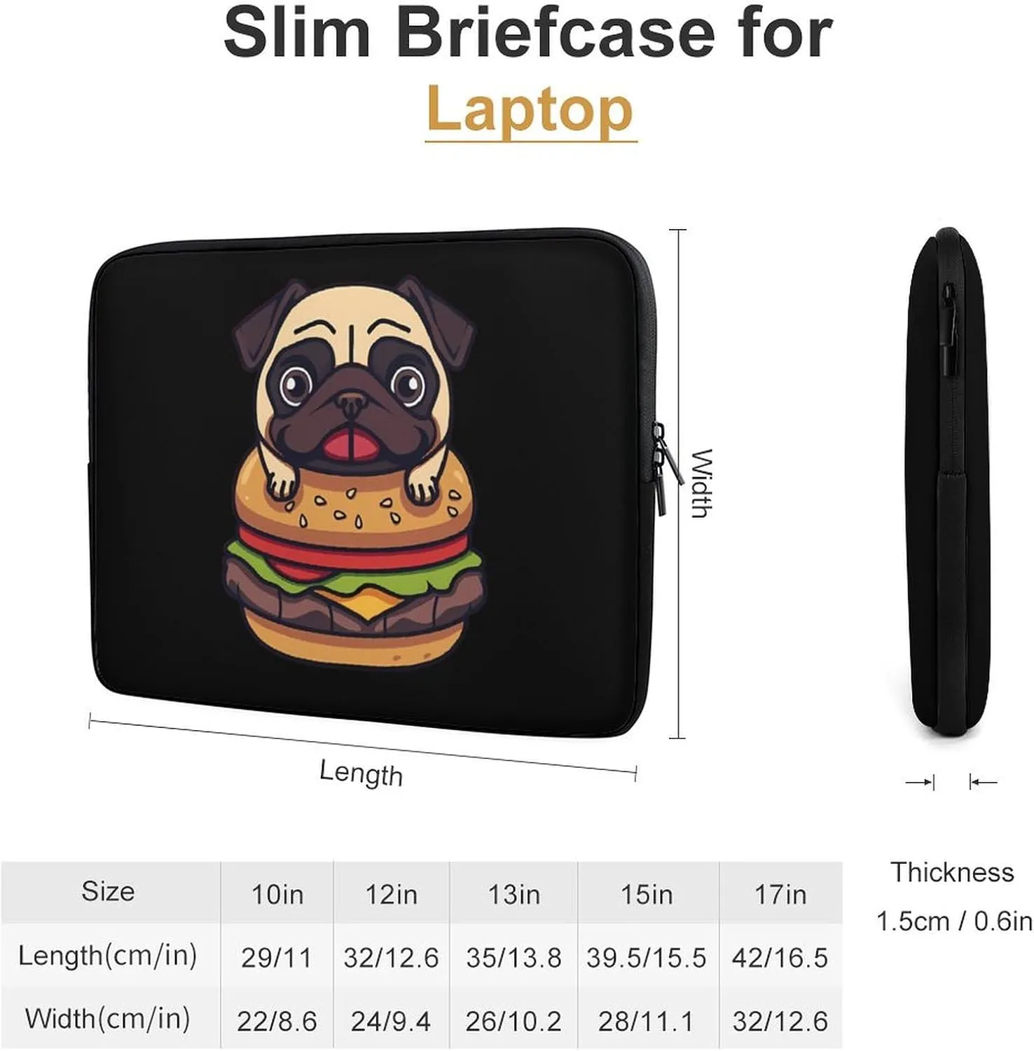 Pug Dog Hamburger Personalized Laptop Bag Business Casual Laptop Cases Slim Computer Bag Briefcase