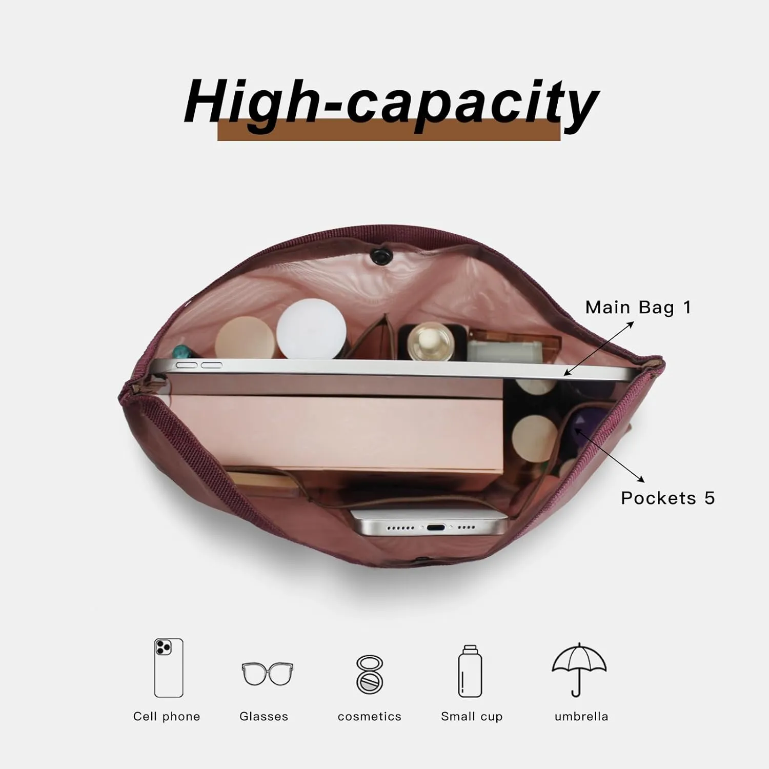 Purse Organizer, 6-Compartment Ultra Light Mini Mesh Transparent Bag Organizer Insert with Handheld and Snap Button, Tote Organizer Insert for Travel Storage, Handbag (Brown, S L)