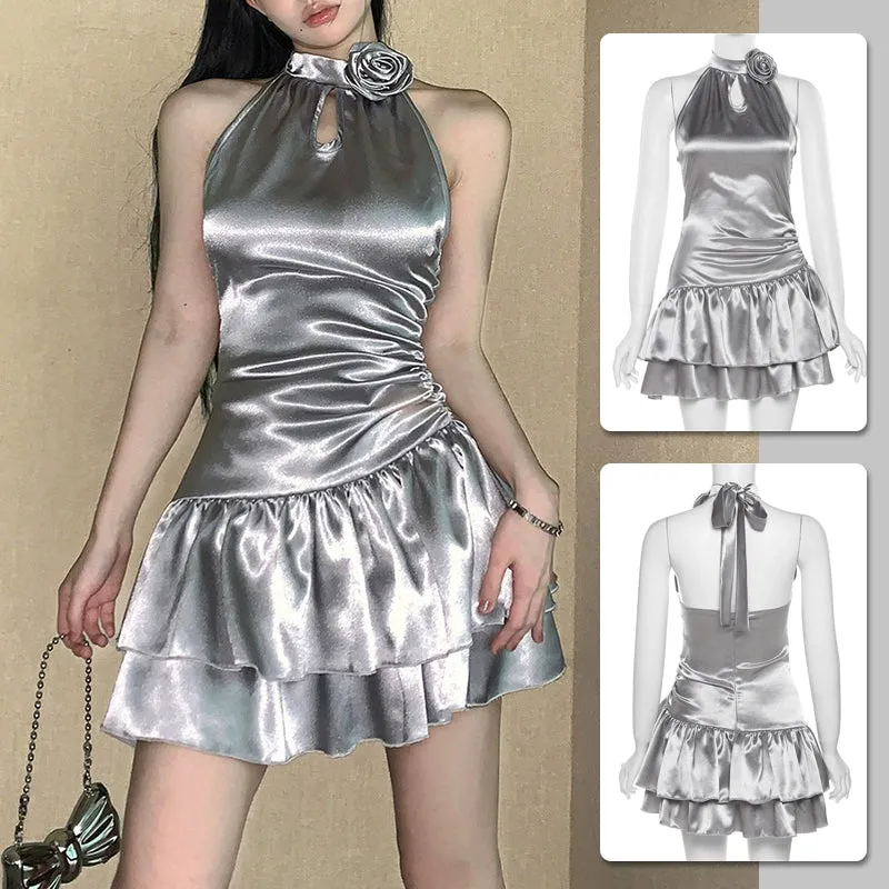 Sexy Silver Suspender Halterneck Dress (pretty)