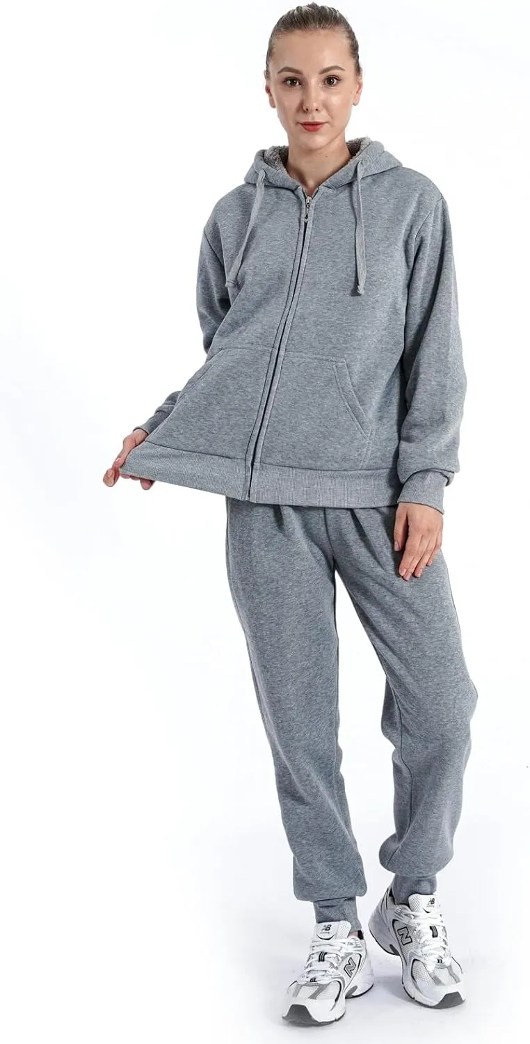 Sherpa Zipper Womens Sweatsuits Active Jogging Fleece 2 Pieces Hoodie and Pants Winter Outfit Sets