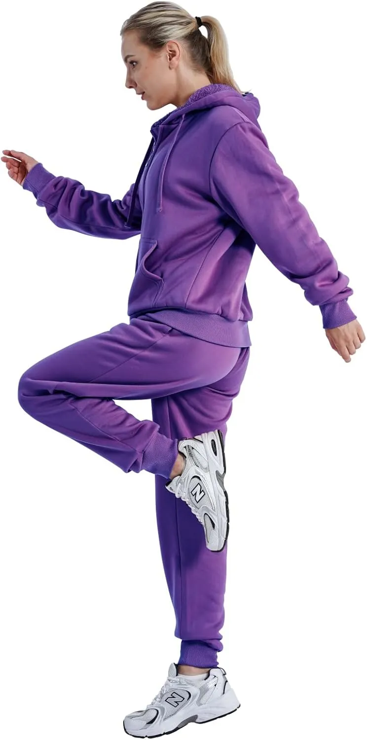 Sherpa Zipper Womens Sweatsuits Active Jogging Fleece 2 Pieces Hoodie and Pants Winter Outfit Sets