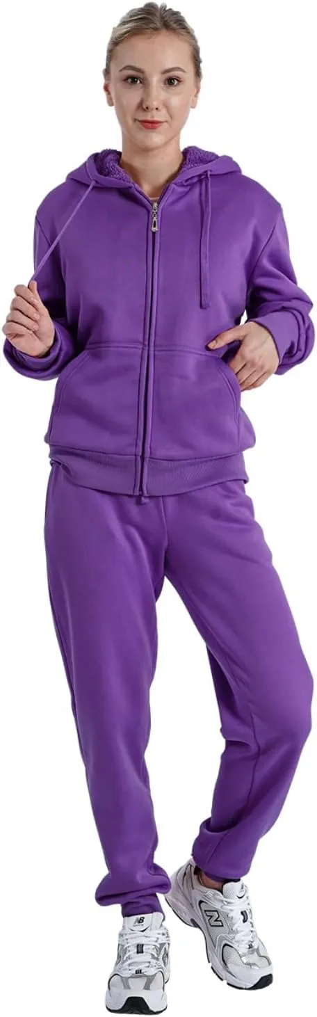 Sherpa Zipper Womens Sweatsuits Active Jogging Fleece 2 Pieces Hoodie and Pants Winter Outfit Sets