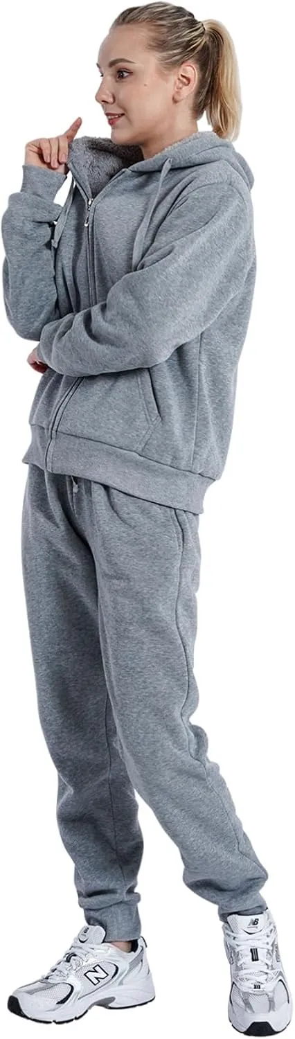 Sherpa Zipper Womens Sweatsuits Active Jogging Fleece 2 Pieces Hoodie and Pants Winter Outfit Sets