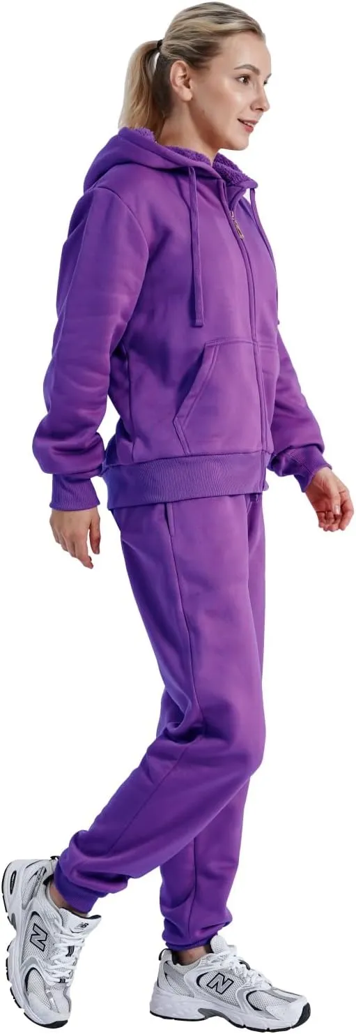 Sherpa Zipper Womens Sweatsuits Active Jogging Fleece 2 Pieces Hoodie and Pants Winter Outfit Sets