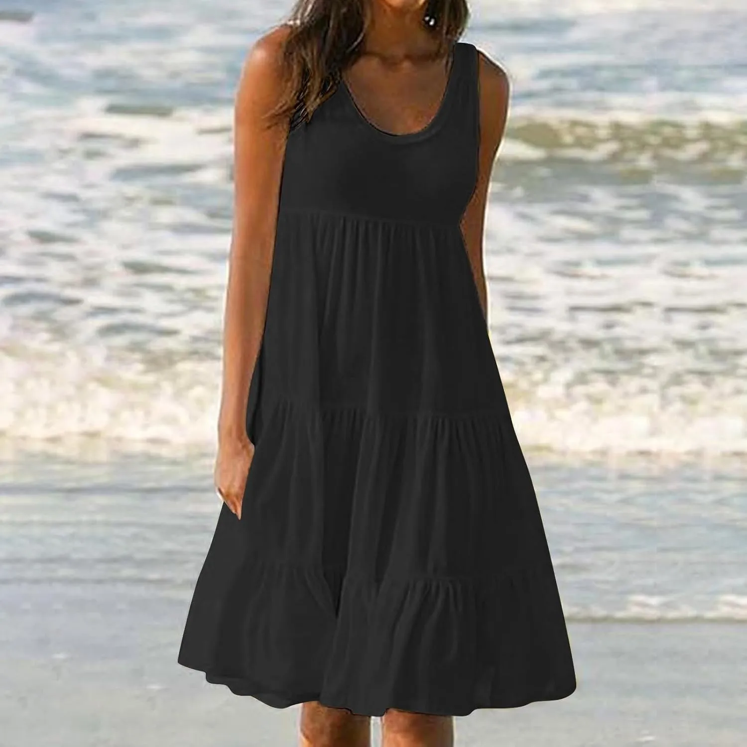 SHOPESSA Summer Dresses for Women 2025 Casual Round Neck Sleeveless Dress A Line Flowy Swing Dress Beach Vacation Sundress