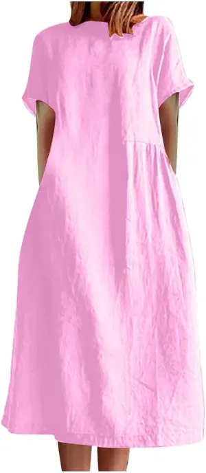 Short Sleeve Midi Dress for Women Summer Cotton Linen Dresses Flowy A Line Plus Size Dresses Shirt Dress with Pocket