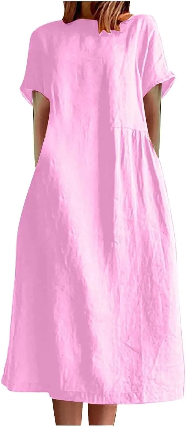 Short Sleeve Midi Dress for Women Summer Cotton Linen Dresses Flowy A Line Plus Size Dresses Shirt Dress with Pocket