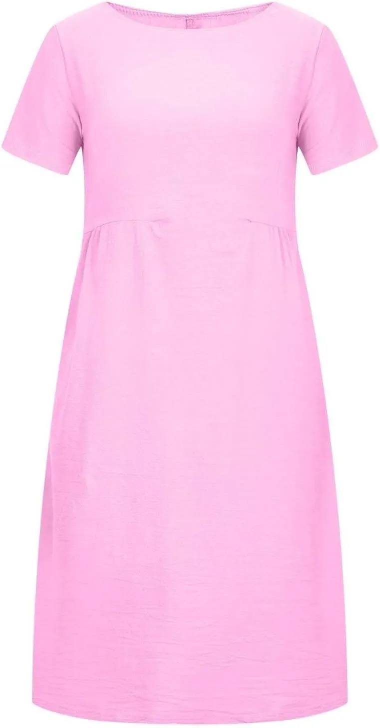 Short Sleeve Midi Dress for Women Summer Cotton Linen Dresses Flowy A Line Plus Size Dresses Shirt Dress with Pocket