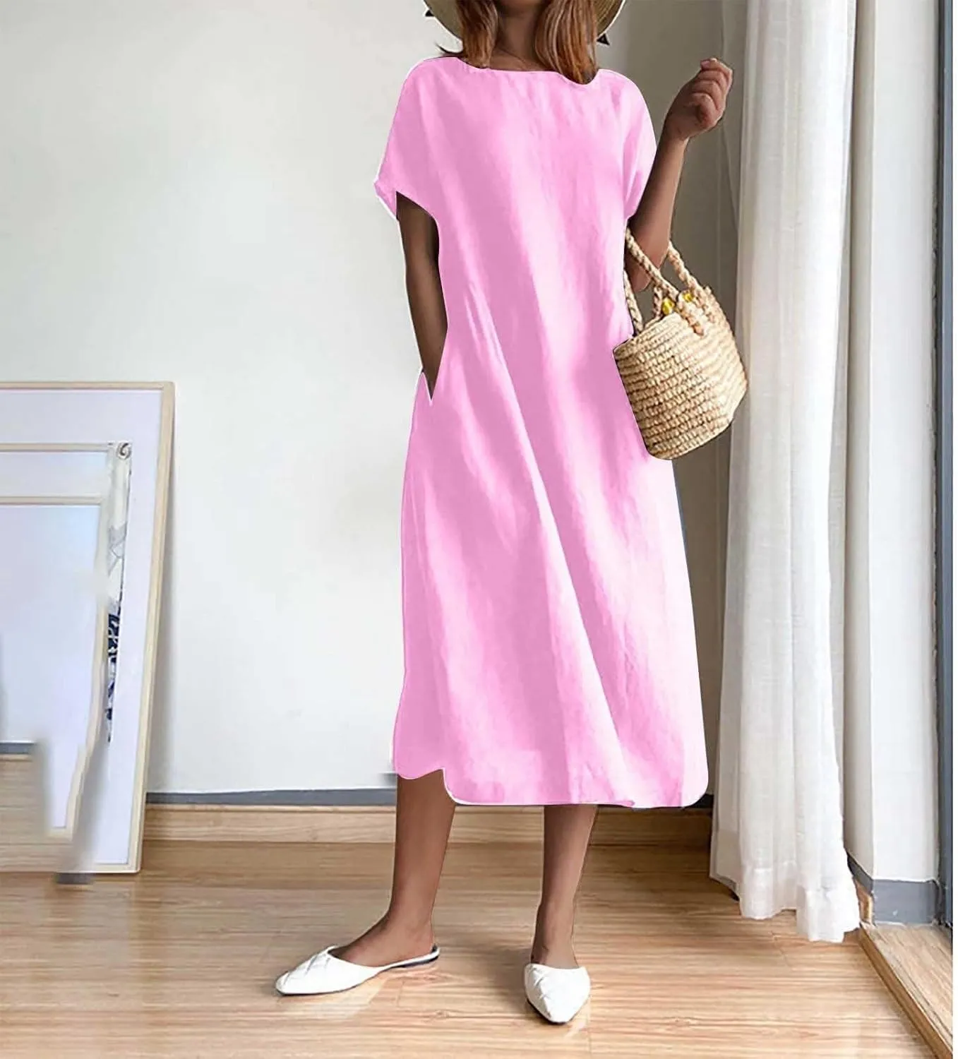 Short Sleeve Midi Dress for Women Summer Cotton Linen Dresses Flowy A Line Plus Size Dresses Shirt Dress with Pocket