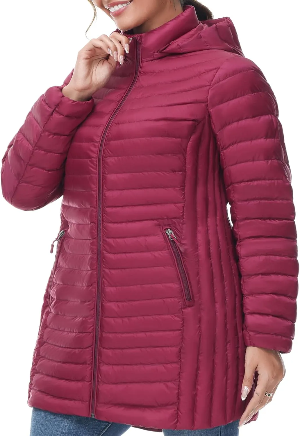 SLOW DOWN Women Plus Size Ultra Light Down Jacket Packable Puffer Jacket Coat Hooded Mid Length Winter Outwear