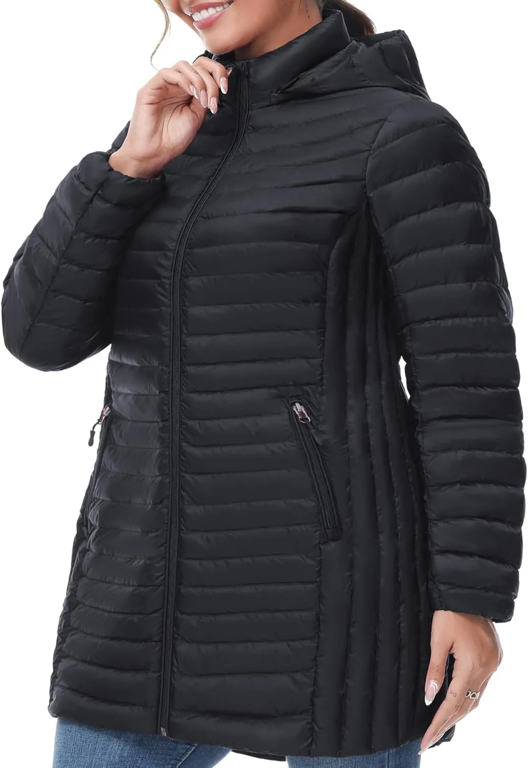 SLOW DOWN Women Plus Size Ultra Light Down Jacket Packable Puffer Jacket Coat Hooded Mid Length Winter Outwear
