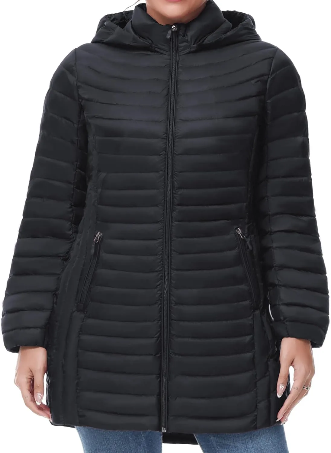 SLOW DOWN Women Plus Size Ultra Light Down Jacket Packable Puffer Jacket Coat Hooded Mid Length Winter Outwear
