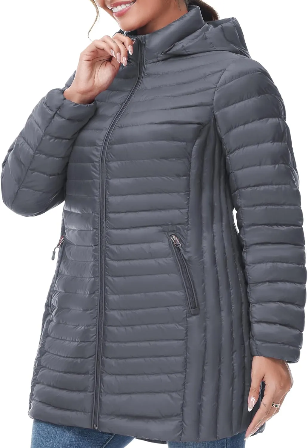 SLOW DOWN Women Plus Size Ultra Light Down Jacket Packable Puffer Jacket Coat Hooded Mid Length Winter Outwear