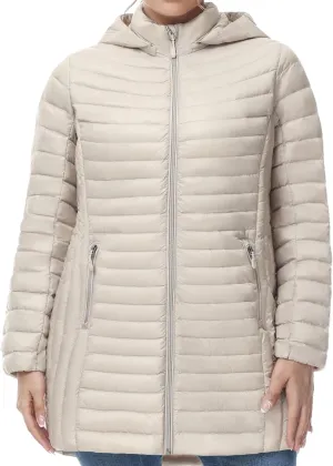 SLOW DOWN Women Plus Size Ultra Light Down Jacket Packable Puffer Jacket Coat Hooded Mid Length Winter Outwear