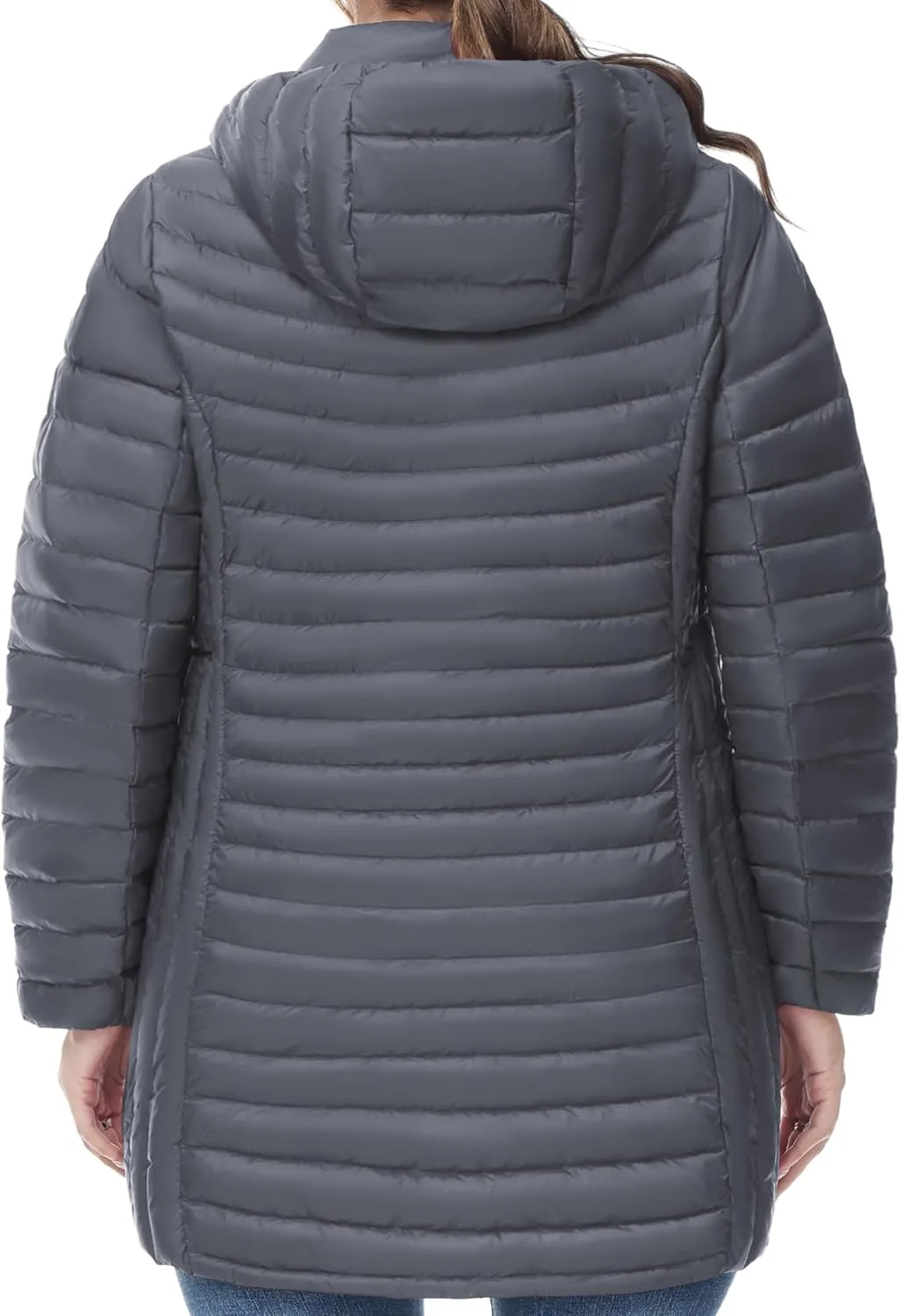 SLOW DOWN Women Plus Size Ultra Light Down Jacket Packable Puffer Jacket Coat Hooded Mid Length Winter Outwear