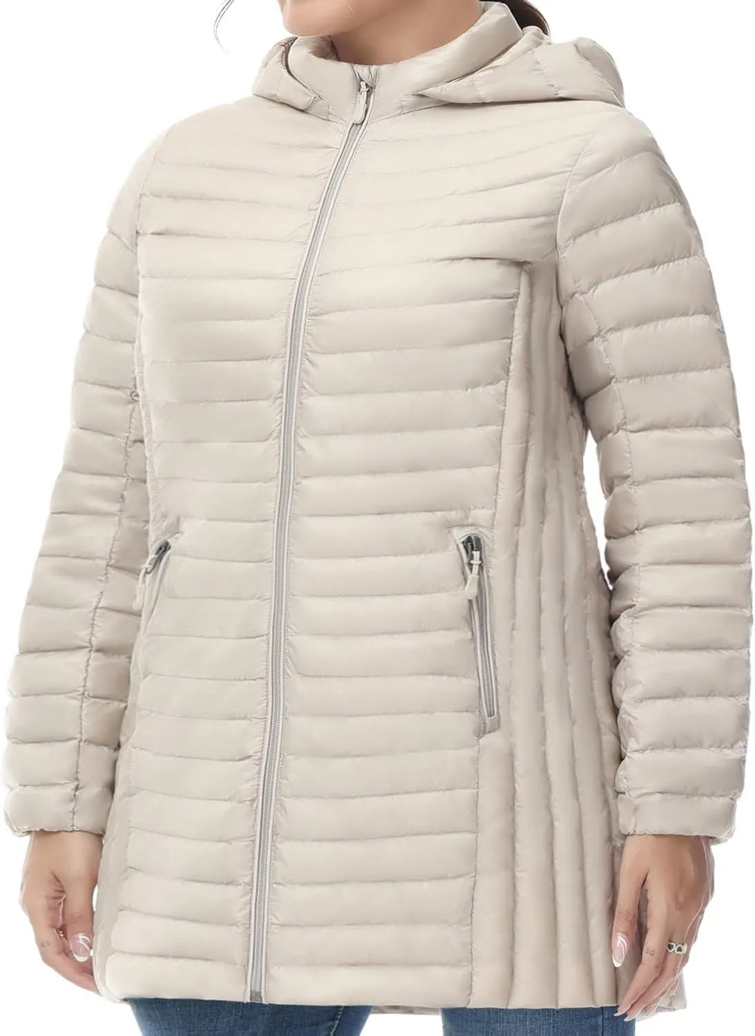 SLOW DOWN Women Plus Size Ultra Light Down Jacket Packable Puffer Jacket Coat Hooded Mid Length Winter Outwear