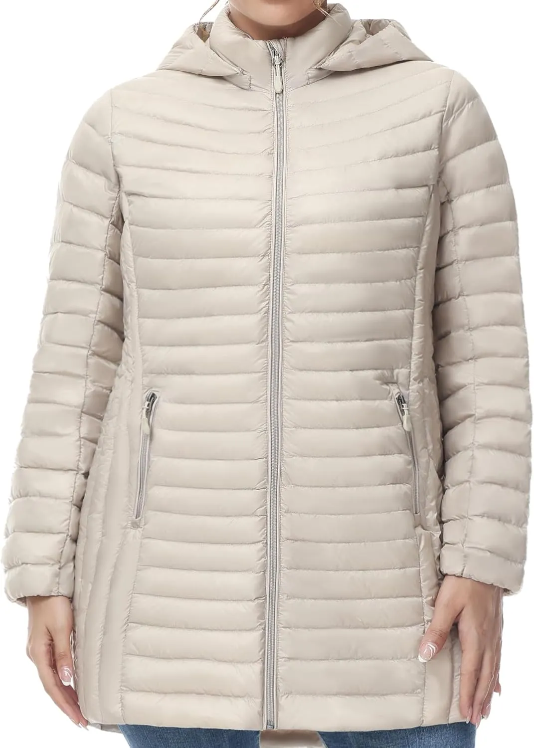 SLOW DOWN Women Plus Size Ultra Light Down Jacket Packable Puffer Jacket Coat Hooded Mid Length Winter Outwear
