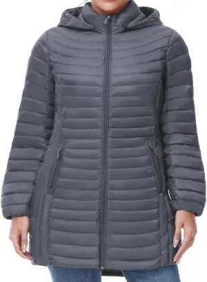 SLOW DOWN Women Plus Size Ultra Light Down Jacket Packable Puffer Jacket Coat Hooded Mid Length Winter Outwear