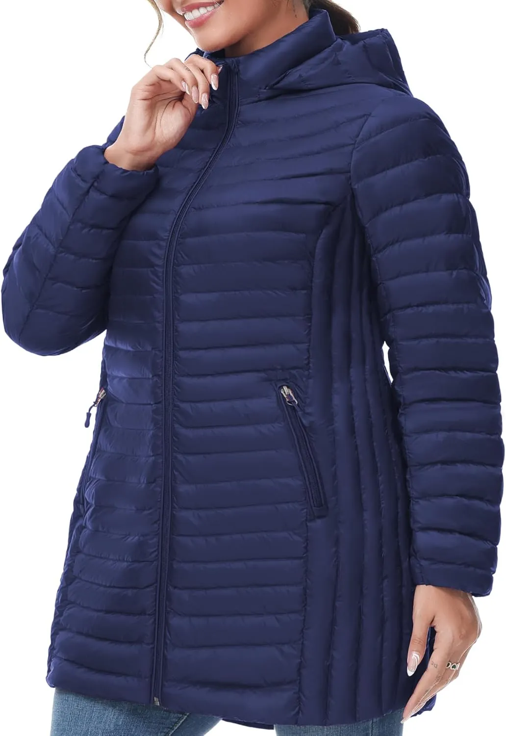 SLOW DOWN Women Plus Size Ultra Light Down Jacket Packable Puffer Jacket Coat Hooded Mid Length Winter Outwear
