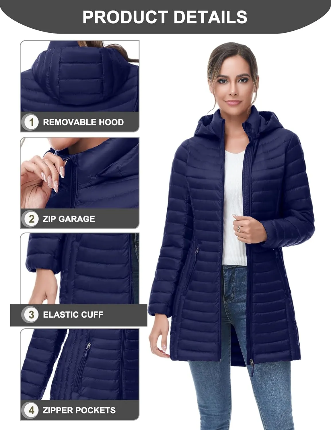 SLOW DOWN Women Plus Size Ultra Light Down Jacket Packable Puffer Jacket Coat Hooded Mid Length Winter Outwear