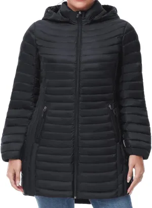 SLOW DOWN Women Plus Size Ultra Light Down Jacket Packable Puffer Jacket Coat Hooded Mid Length Winter Outwear
