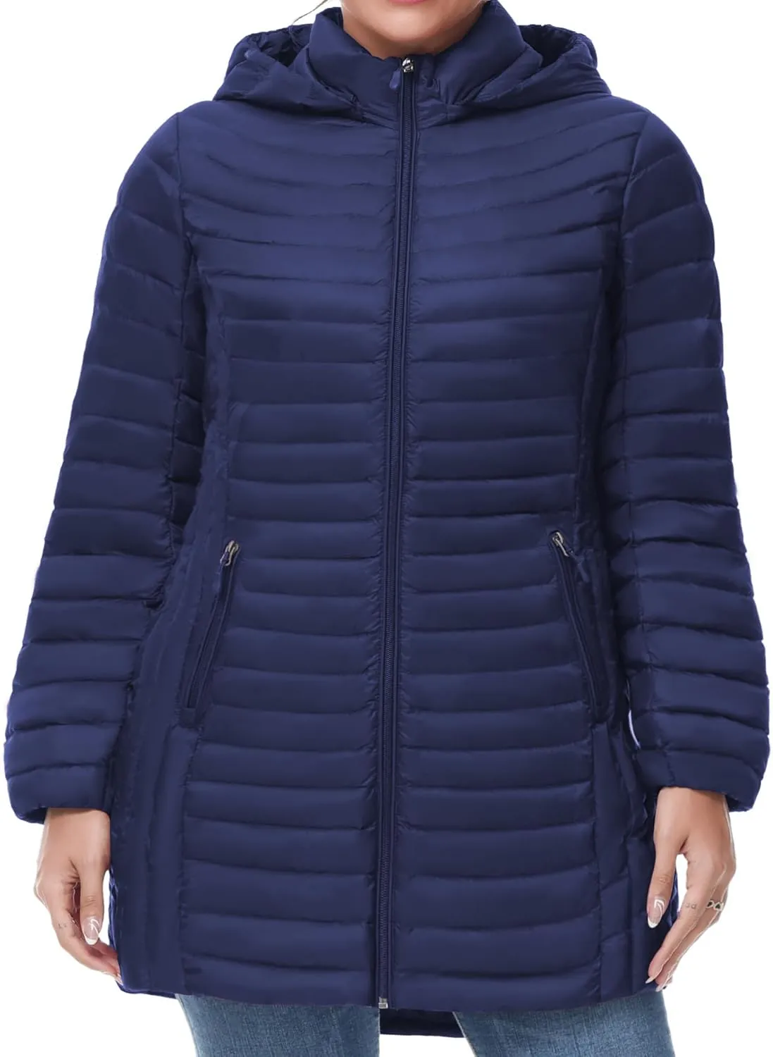 SLOW DOWN Women Plus Size Ultra Light Down Jacket Packable Puffer Jacket Coat Hooded Mid Length Winter Outwear