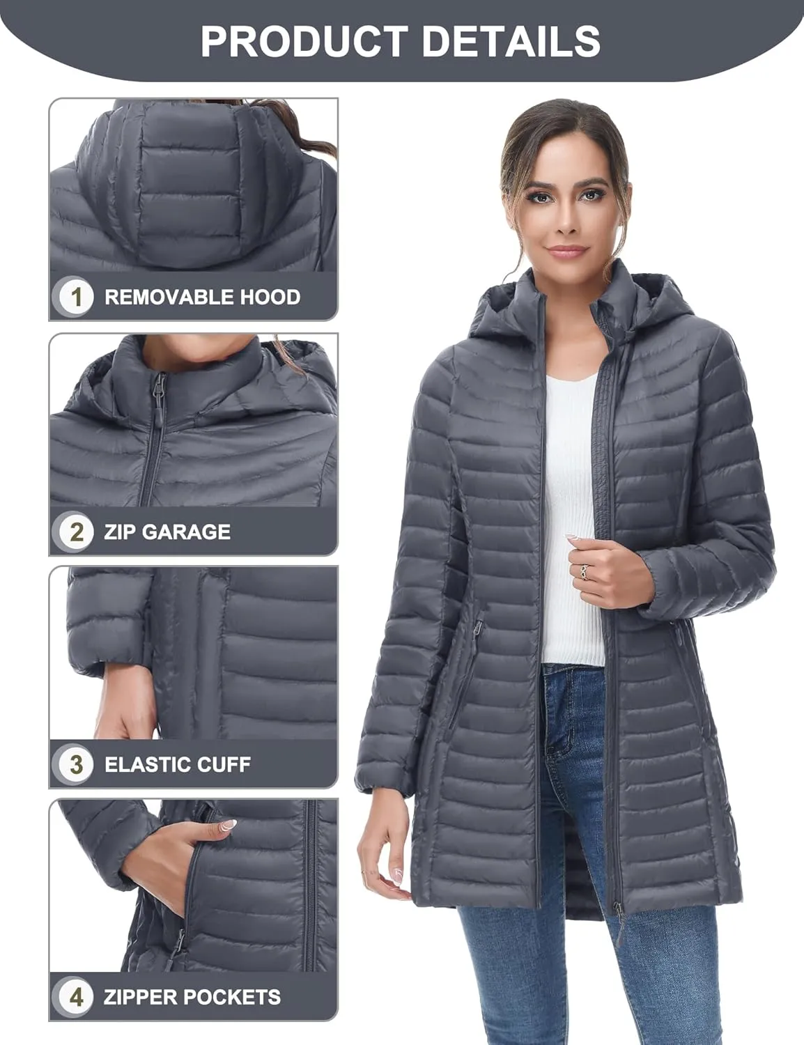 SLOW DOWN Women Plus Size Ultra Light Down Jacket Packable Puffer Jacket Coat Hooded Mid Length Winter Outwear