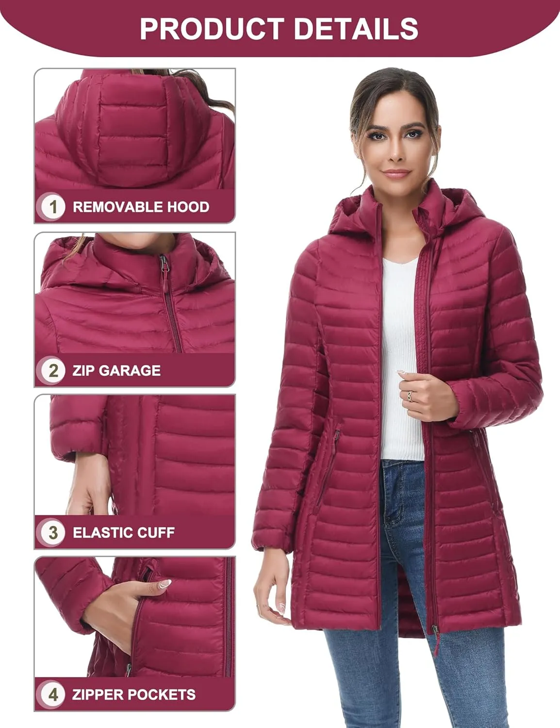 SLOW DOWN Women Plus Size Ultra Light Down Jacket Packable Puffer Jacket Coat Hooded Mid Length Winter Outwear