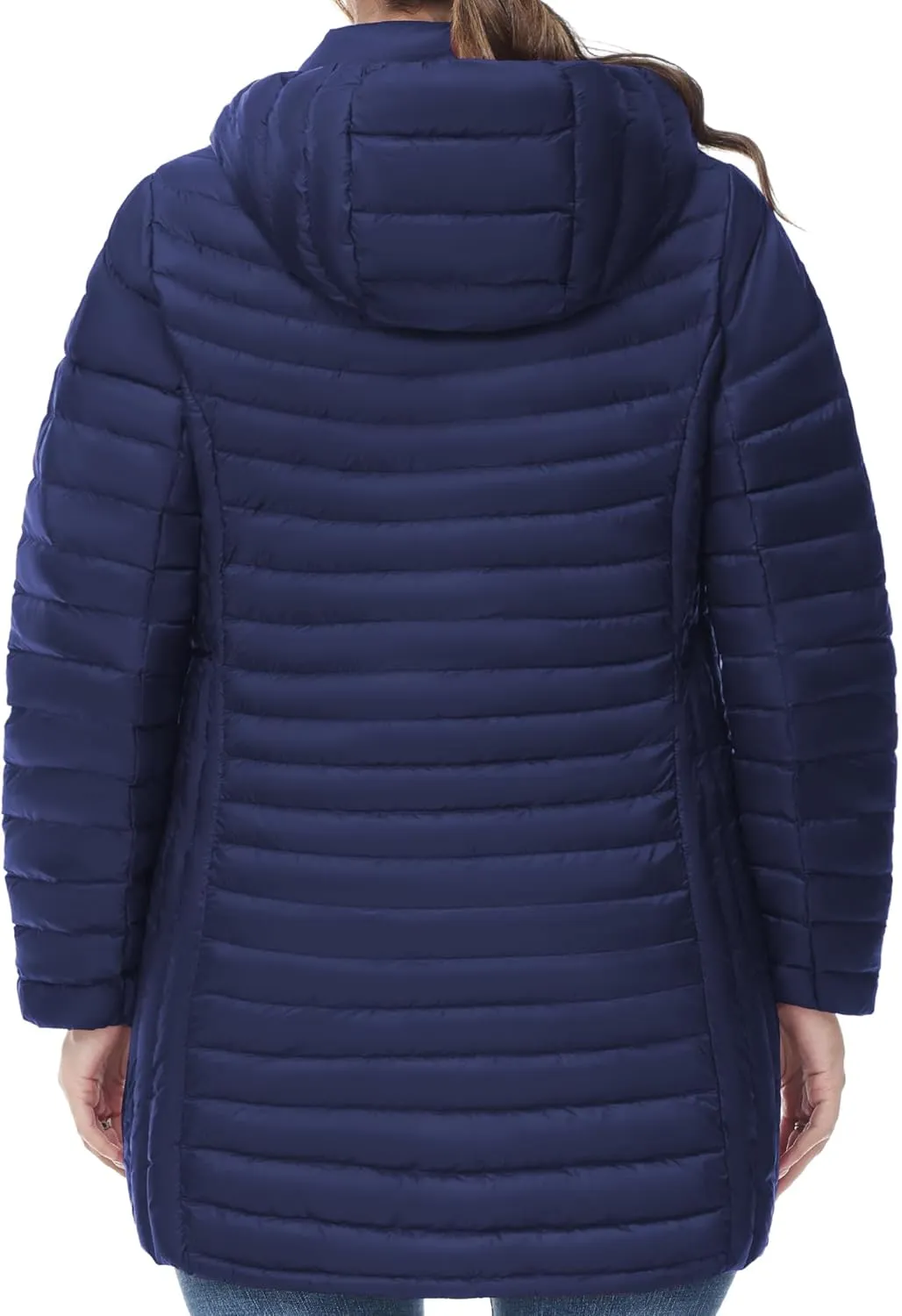 SLOW DOWN Women Plus Size Ultra Light Down Jacket Packable Puffer Jacket Coat Hooded Mid Length Winter Outwear