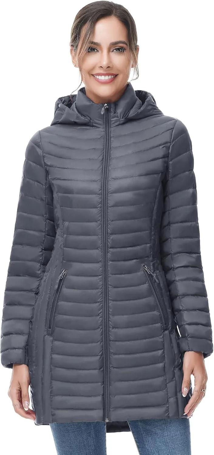 SLOW DOWN Women Ultra Light Down Jacket Packable Puffer Jacket Coat Hooded Mid Length Winter Outwear