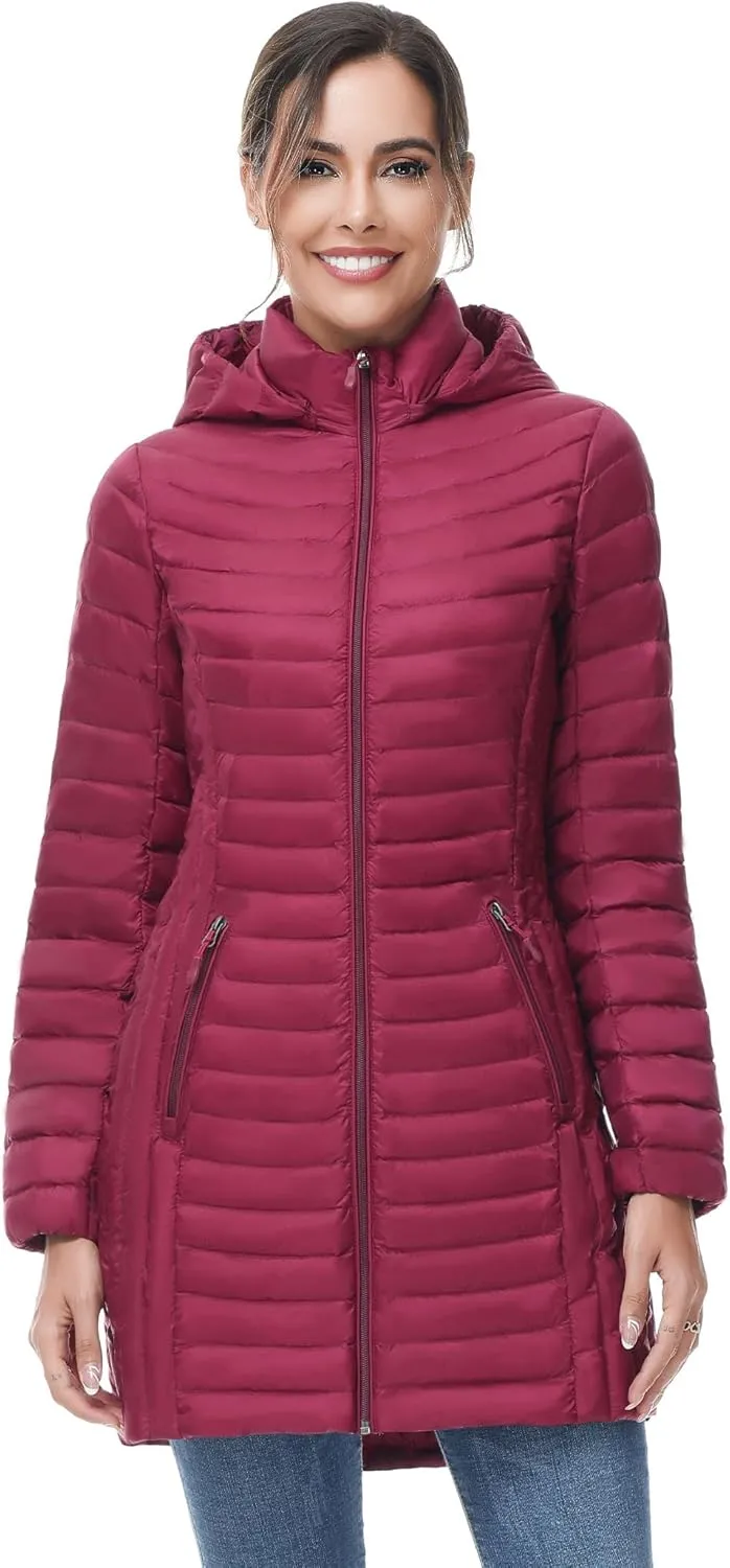 SLOW DOWN Women Ultra Light Down Jacket Packable Puffer Jacket Coat Hooded Mid Length Winter Outwear
