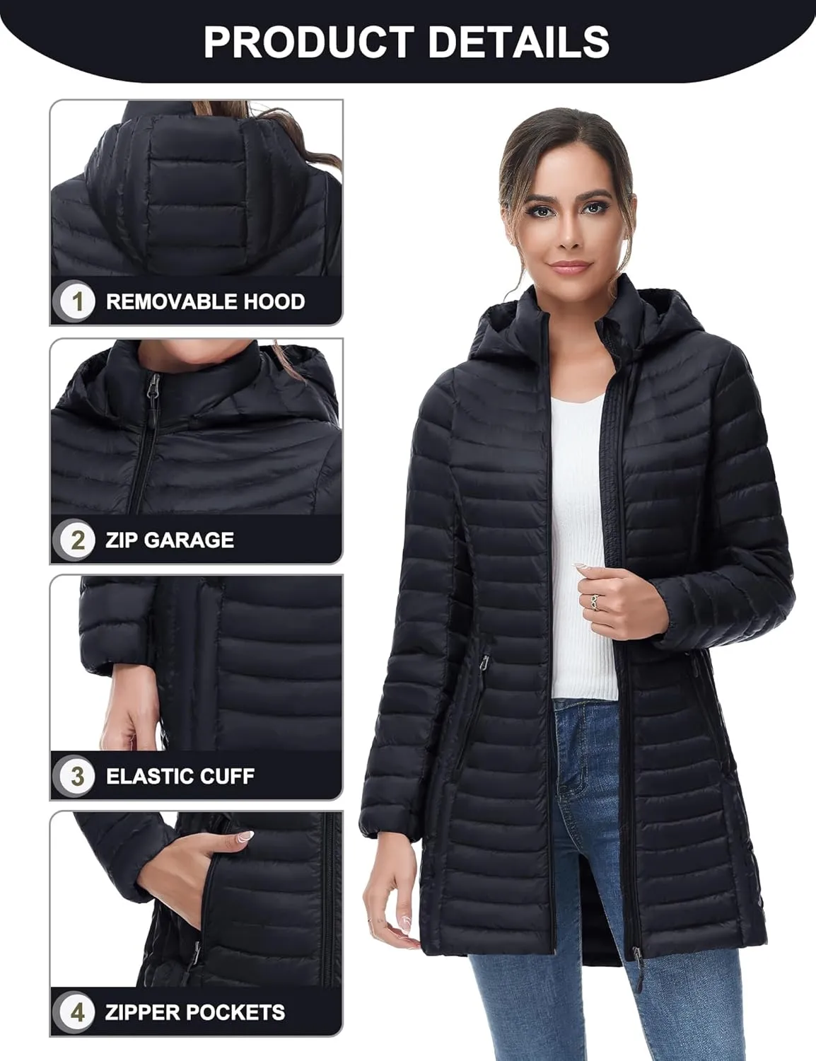SLOW DOWN Women Ultra Light Down Jacket Packable Puffer Jacket Coat Hooded Mid Length Winter Outwear