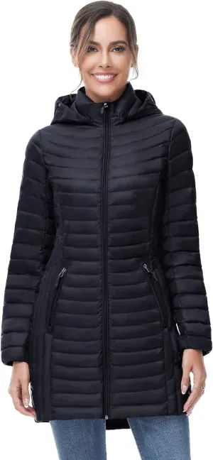 SLOW DOWN Women Ultra Light Down Jacket Packable Puffer Jacket Coat Hooded Mid Length Winter Outwear
