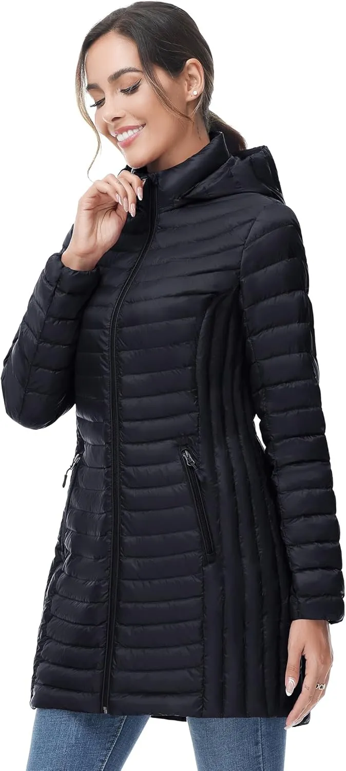 SLOW DOWN Women Ultra Light Down Jacket Packable Puffer Jacket Coat Hooded Mid Length Winter Outwear